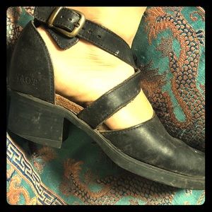 NAOT Black Strappy Sandals/Brass Buckle/Heel